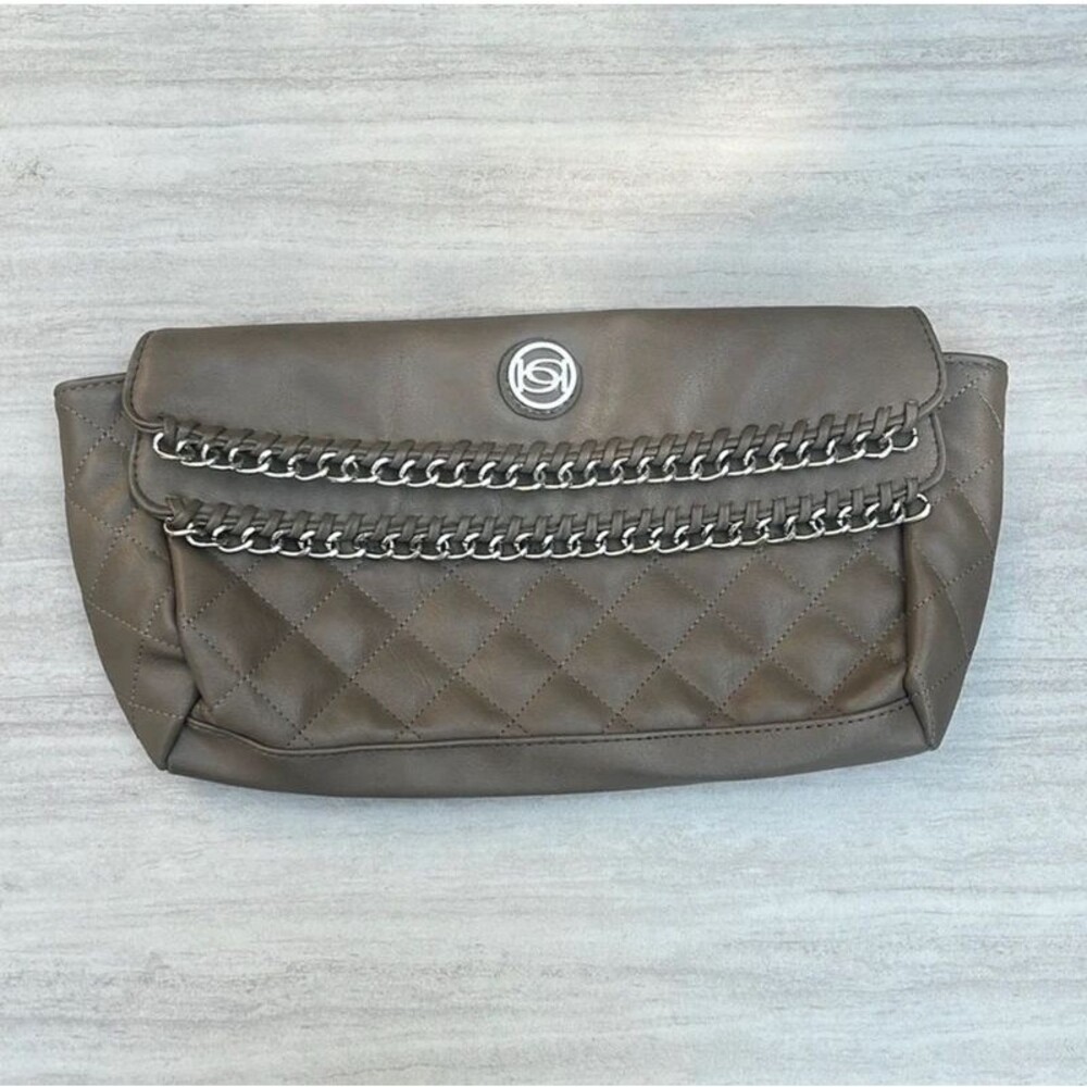 Y2K bebe olive green envelope clutch bag silver chain accent